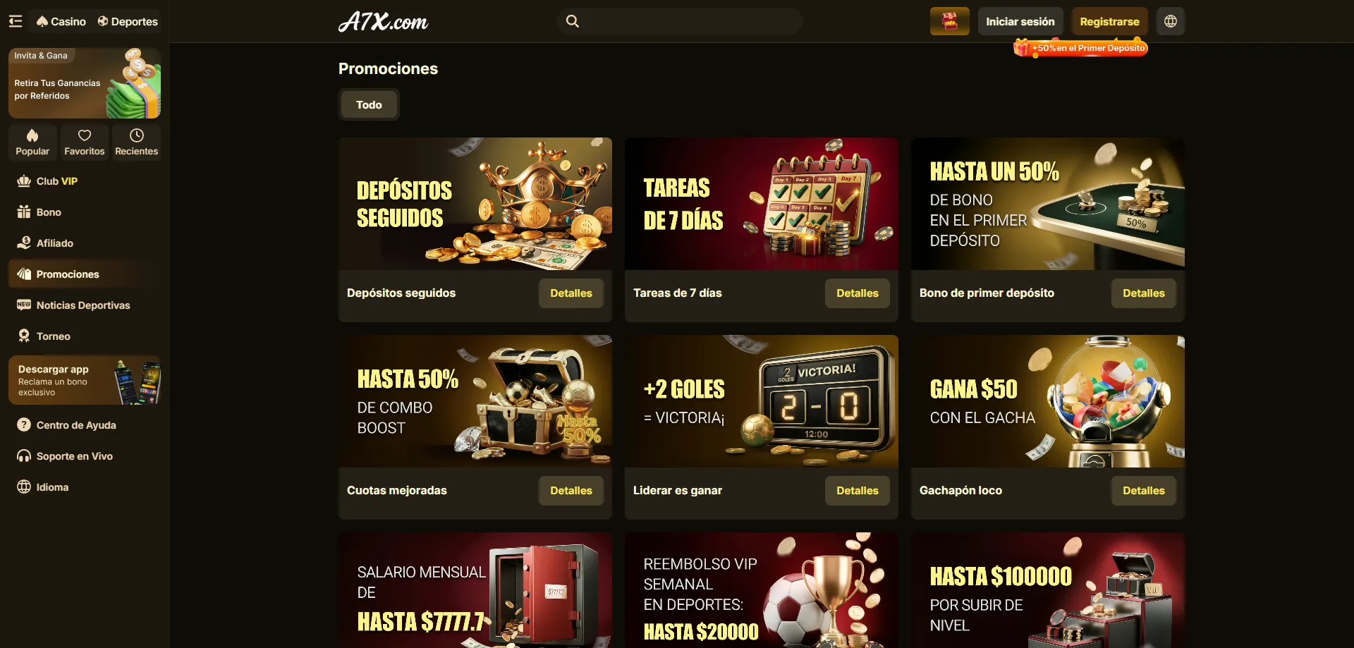 Bonos y torneos con premios en efectivo en A7X Casino 2026